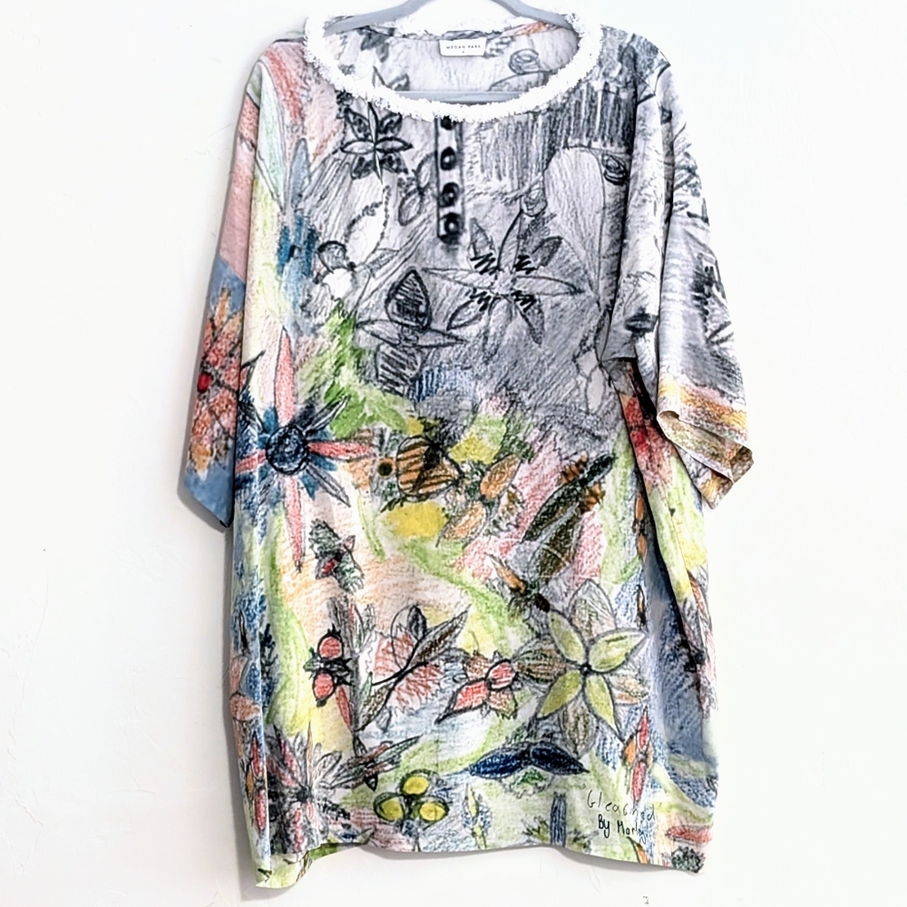 Megan Park 100% Silk Art-Print Tunic Top – Pastel Floral Sketch – Size M